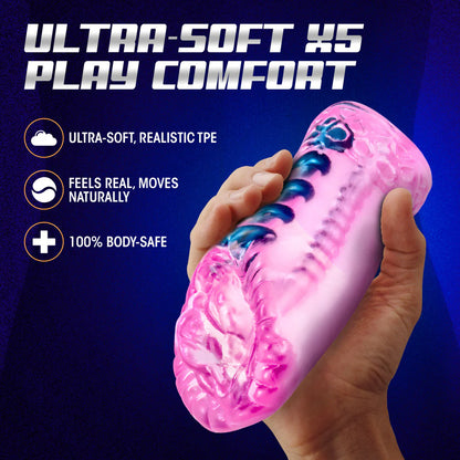 A hand holds the Blush Sexy Snatch. Text on the image reads: "Ultra-soft X5 play comfort. Ultra-soft, realistic TPE. Feels real, moves naturally. 100 body-safe. | Kinkly Shop