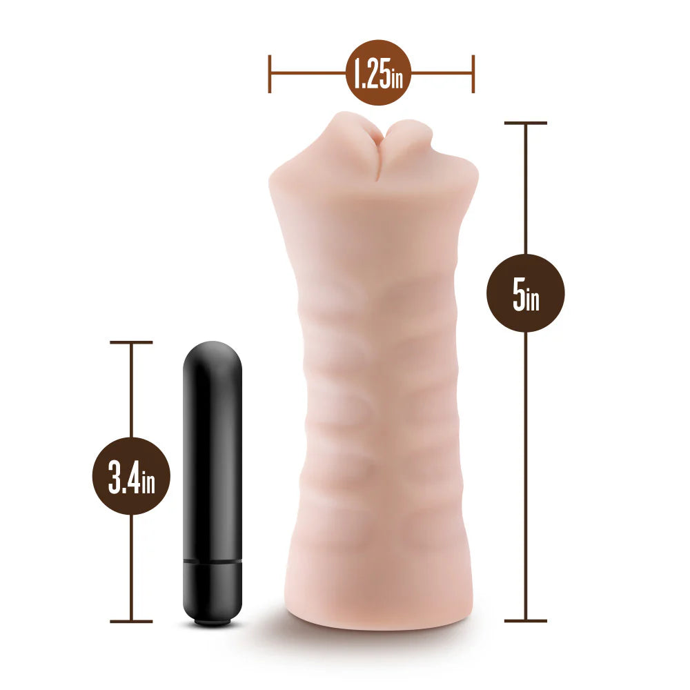 The Blush Skye with measurements shown overtop of it. The stroker is 5" in total length with a width of 1.25". The bullet vibrator is 3.4" in length. | Kinkly