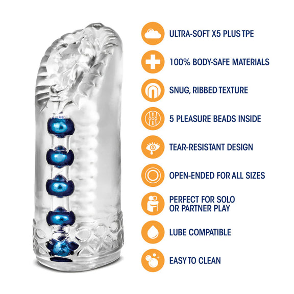 The Blush Snatch shown next to a text list of all of its features. Text includes: Ultra-soft X5 plus TPE, 100% body-safe materials, snug and ribbed texture, 5 pleasure beads inside, tear-resistant design, open-ended for all sizes, perfect for solo or partner play, lube compatible, easy to clean. | Kinkly