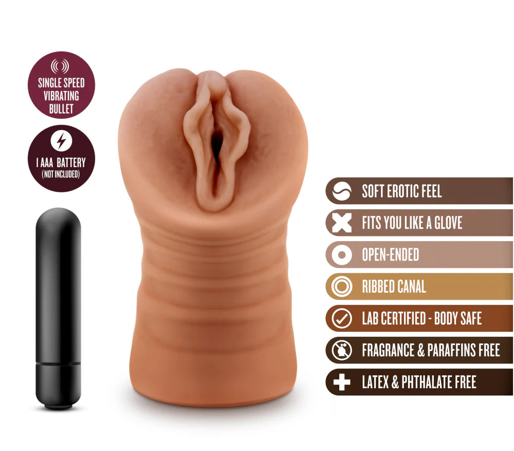 The Sofia with Vibrator shown next to a text list of features. Text reads: Single speed vibrating bullet. 1 AAA battery not included. Soft erotic feel. Fits you like a glove. Open-ended. Ribbed canal. Body safe. Fragrance and paraffins free. Latex and phthalate free. | Kinkly Shop