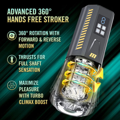 The SpinMaster Pro shown with arrows showcasing the spinning design of the stroker. Text reads: Advanced 360 degree hands-free stroker. Rotation with forward and reverse motion. Thrusts for full shaft sensation. Maximize pleasure with turbo climax boost. | Kinkly Shop
