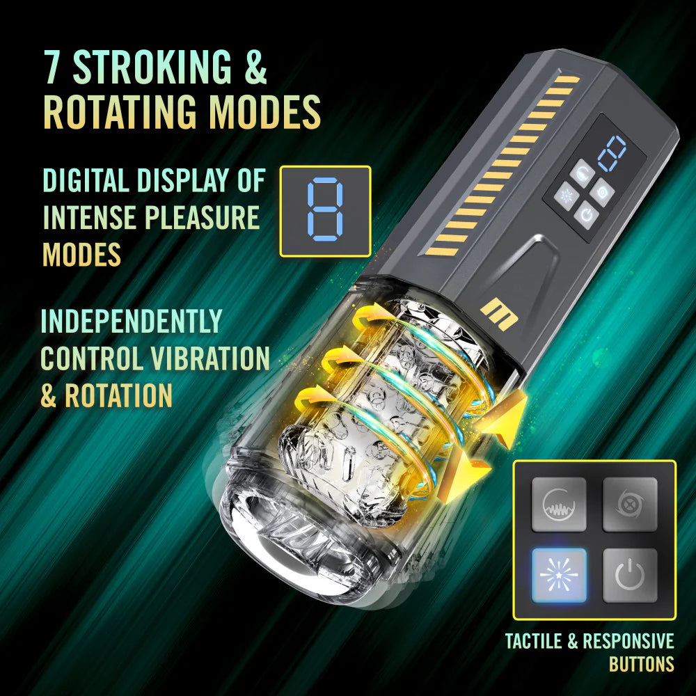 Close-up on the digital display of the SpinMaster Pro. Text reads: Digital display of intense pleasure modes. Independently control vibration and rotation. Tactile and responsive buttons. | Kinkly Shop