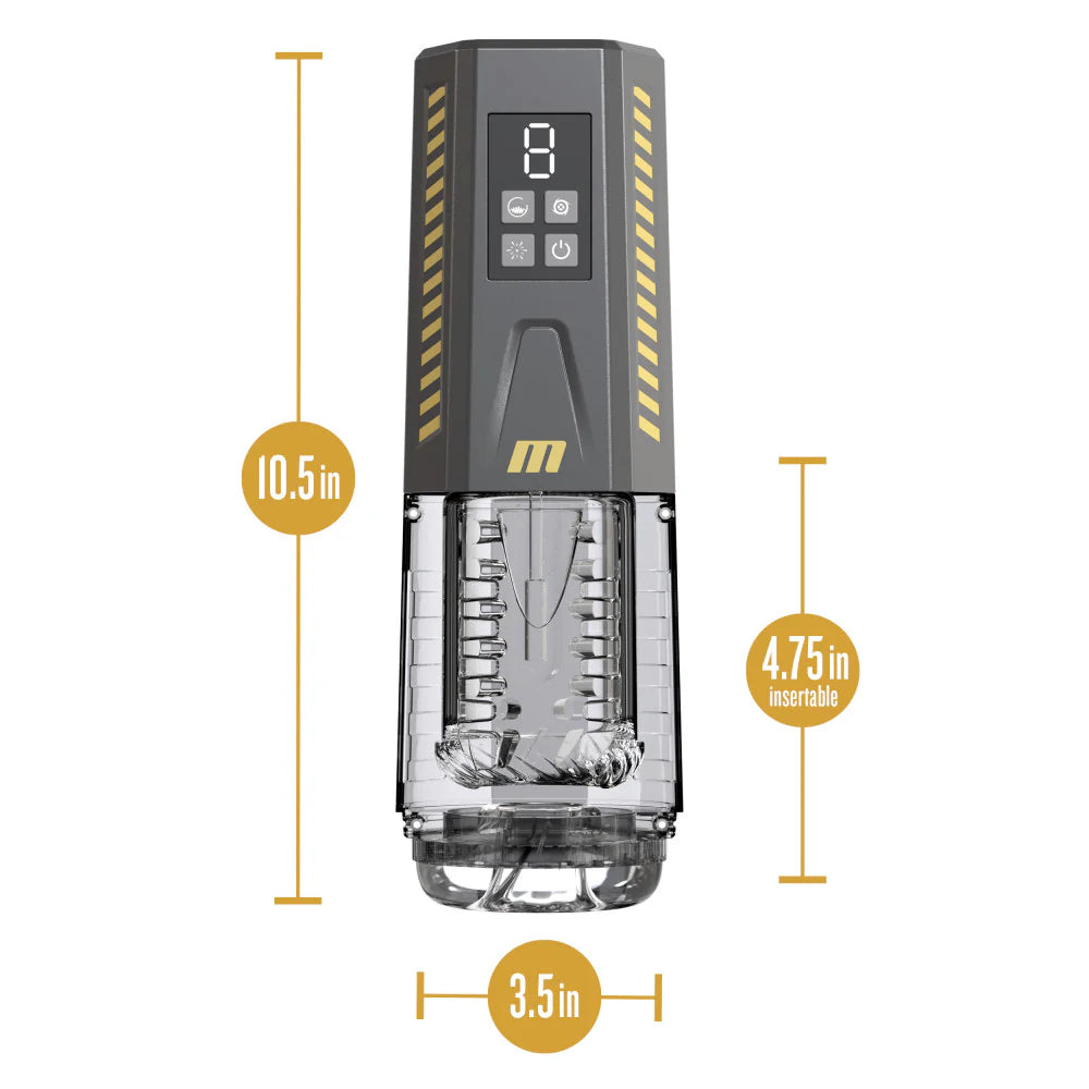 The SpinMaster Pro with measurements superimposed over the different aspects of the stroker. The stroker is 10.5" in total length with an insertable length of 4.75". | Kinkly Shop
