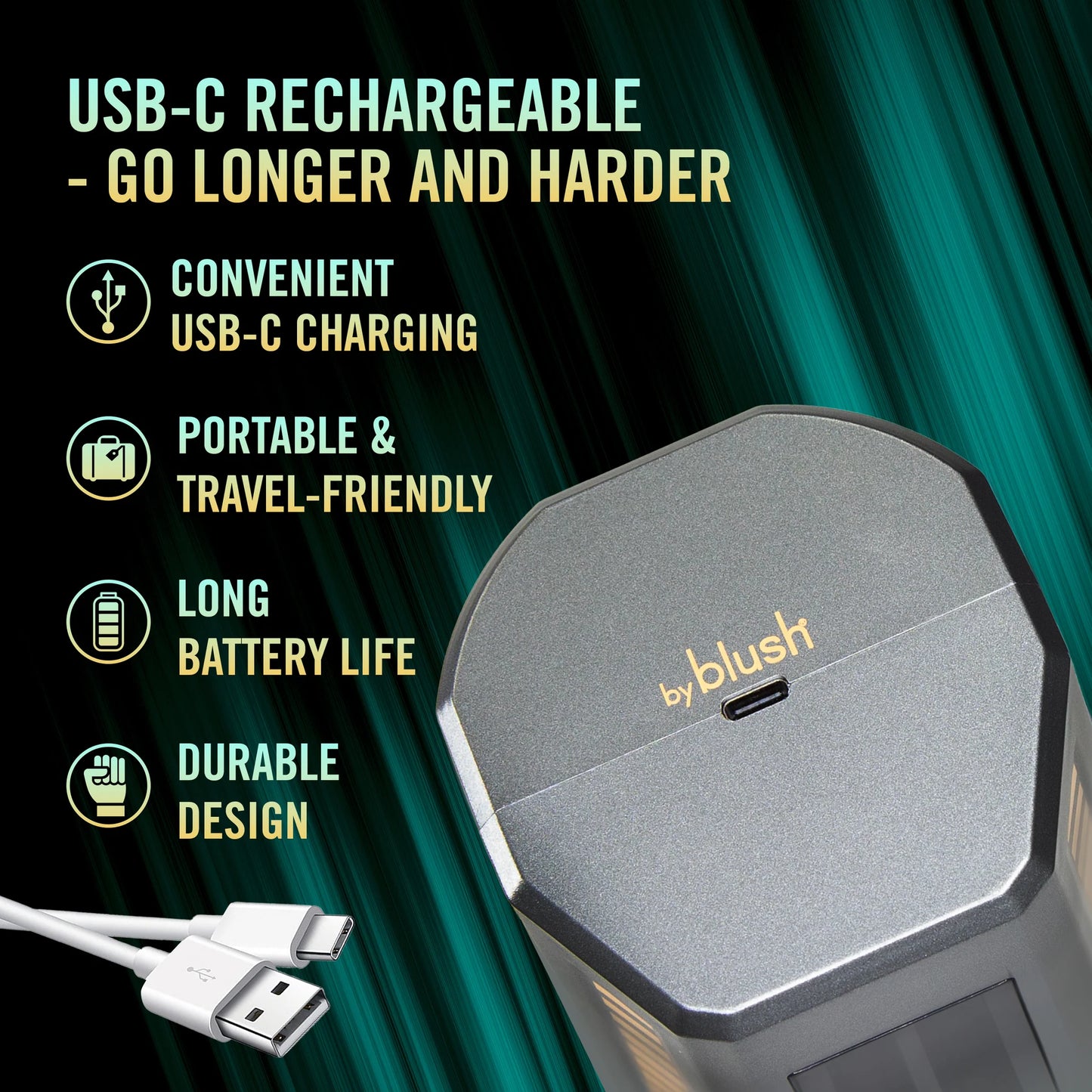 Close-up on the base of the SpinMaster Pro handle, showcasing the charging port. Text reads: USB-C rechargeable. Convenient USB-C charging. Portable and travel-friendly. Long battery life. Durable design. | Kinkly Shop