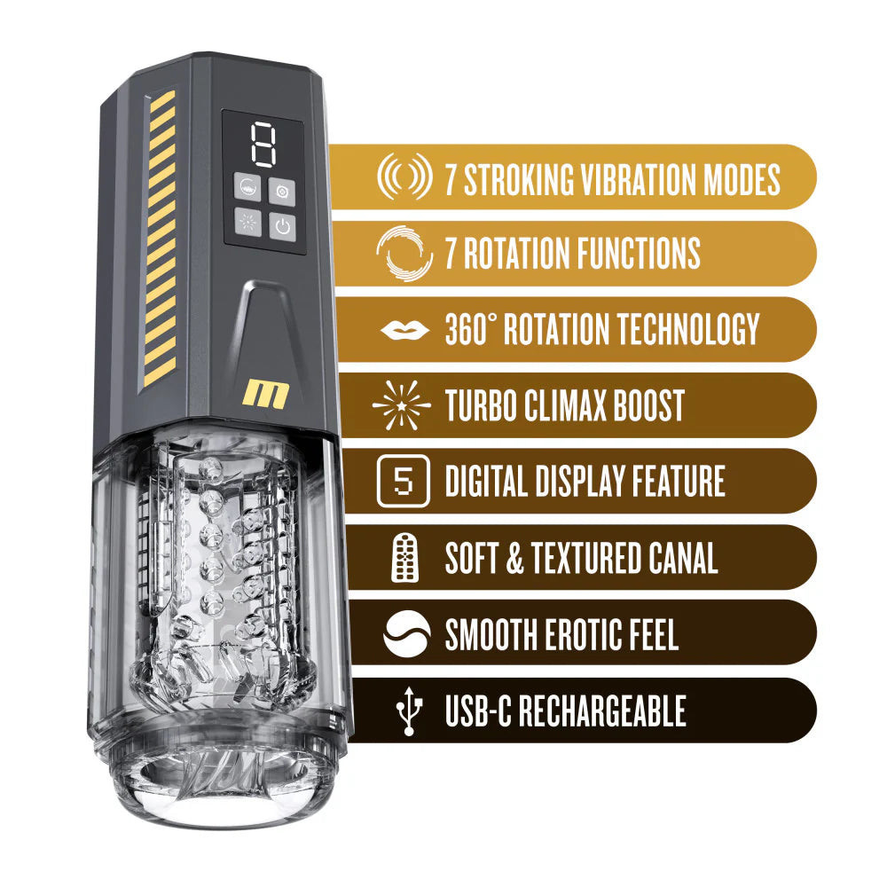 The shown next to a text list of features for the SpinMaster Pro. Text reads: 7 stroking vibration modes.  rotation functions. 360 rotation tech. Turbo climax boost. Digital display feature. Soft and textured canal. Smooth erotic feel. USB-C rechargeable. | Kinkly Shop