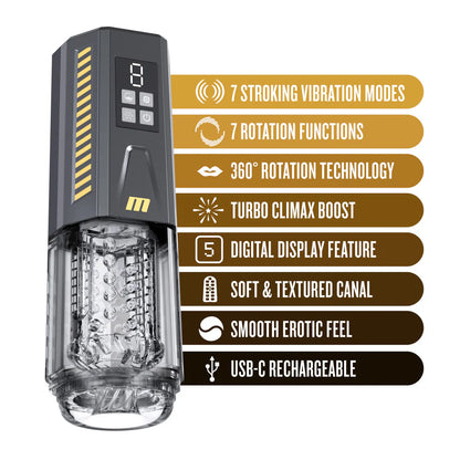 The shown next to a text list of features for the SpinMaster Pro. Text reads: 7 stroking vibration modes.  rotation functions. 360 rotation tech. Turbo climax boost. Digital display feature. Soft and textured canal. Smooth erotic feel. USB-C rechargeable. | Kinkly Shop
