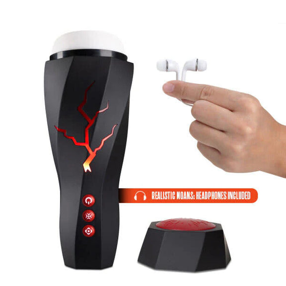 A person holds small earphones next to a Blush Storm stroker. Text reads: Realistic moans: Headphones included. | KInkly