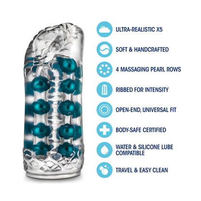 The Blush Super Stroker shown next to a text list of features. Text reads: Ultra-realistic X5. Soft and handcrafted. 4 massaging pearl rows. Ribbed for intensity. Open-end universal fit. Body-safe certified. Water and silicone lube compatible. Travel and easy to clean. | Kinkly Shop