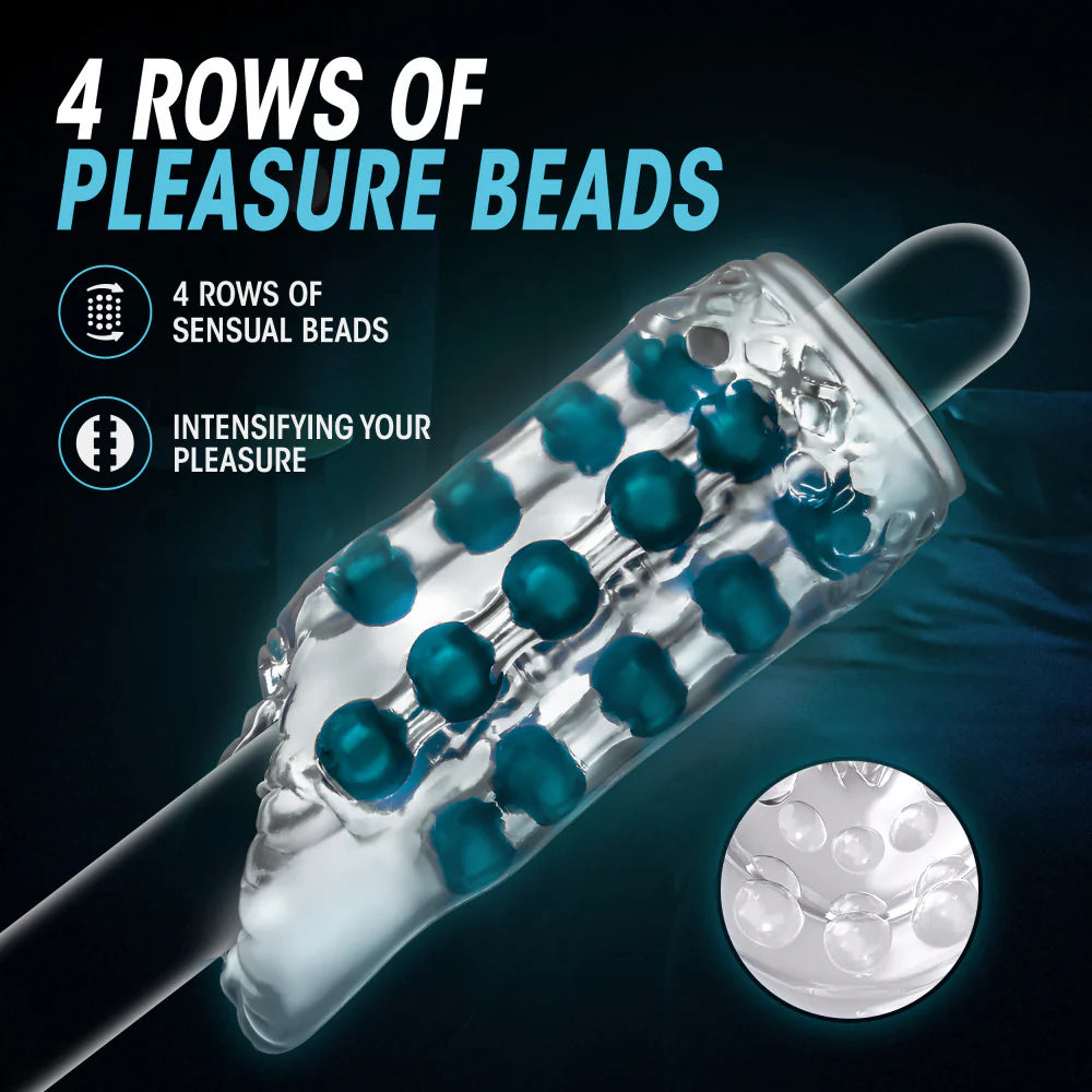 The translucent design of the stroker showcases the 4 rows of pleasure beads that are embedded in the material of the Blush Super Stroker. Text reads: 4 rows of pleasure beads. 4 rows of sensual beads. Intensifying your pleasure. | Kinkly Shop
