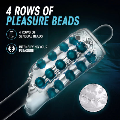 The translucent design of the stroker showcases the 4 rows of pleasure beads that are embedded in the material of the Blush Super Stroker. Text reads: 4 rows of pleasure beads. 4 rows of sensual beads. Intensifying your pleasure. | Kinkly Shop