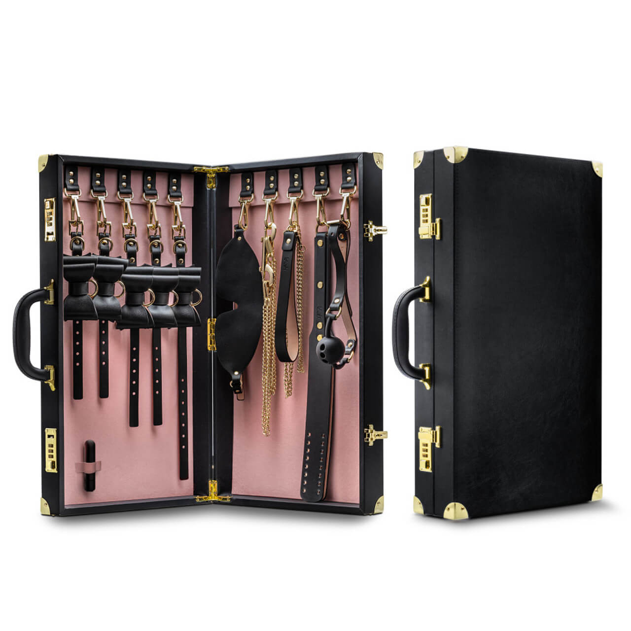 The Blush Temptasia Safe Word Bondage Kit in front of a white background. The image on the left-hand side shows the case opened towards the camera with all of the items beautifully hung inside the case. The image on the right showcases how the case looks while closed. | Kinkly Shop