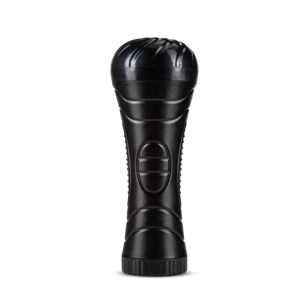 the Blush Torch shown with the lid and the end cap n the stroker. It looks like an oddly textured fleshlight without any skin showing. | Kinkly Shop