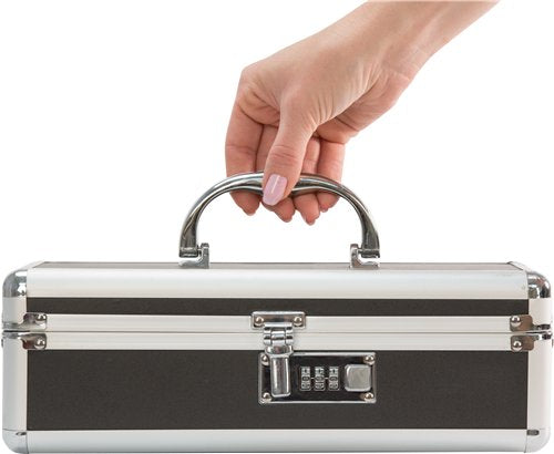 A hand is gripping the handle on top of the Lockable Vibrator Case, showcasing the size of the case. | Kinkly Shop