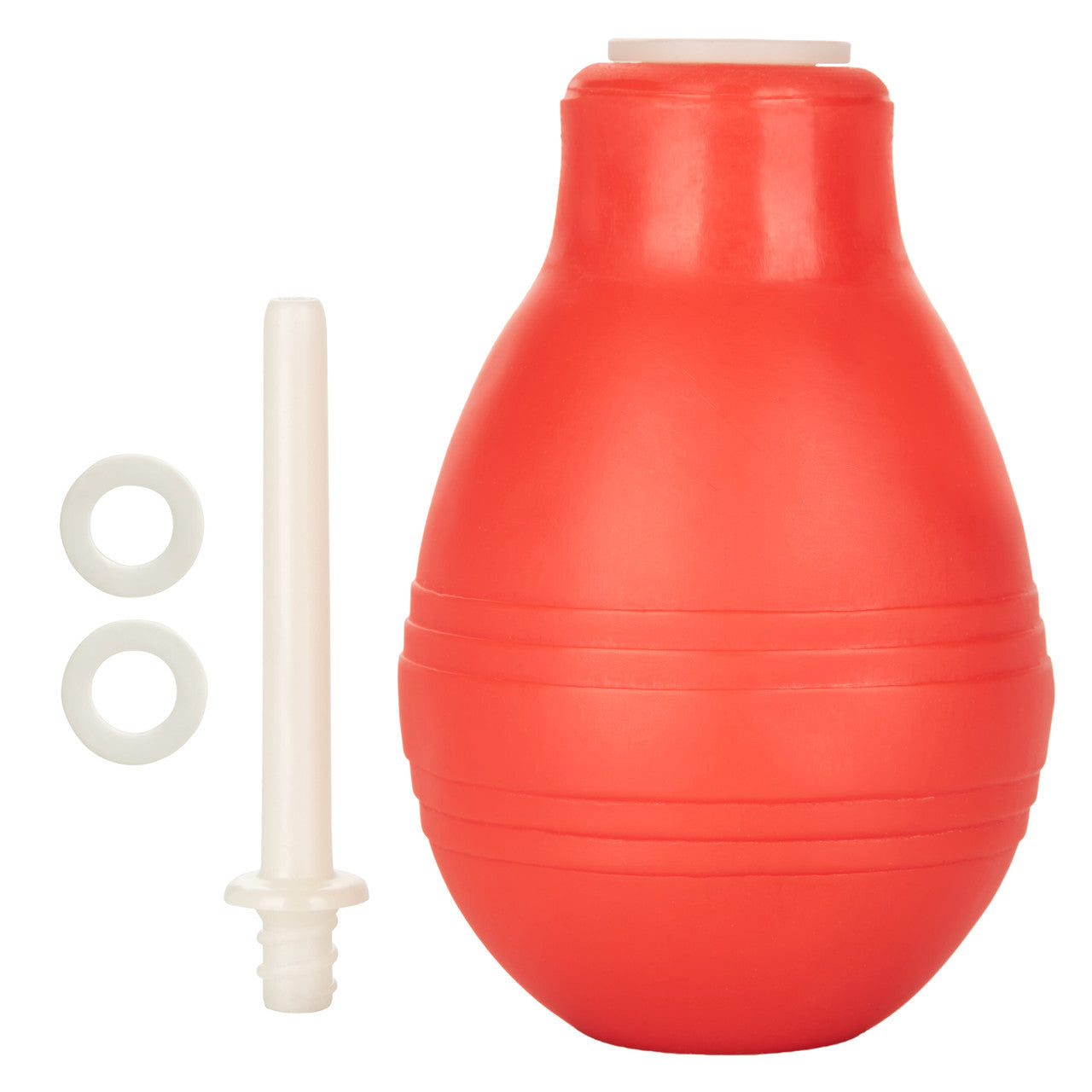 Everything about the Anal Douche disassembled. There's the rubber bulb, plastic tip, and two gaskets. | Kinkly Shop