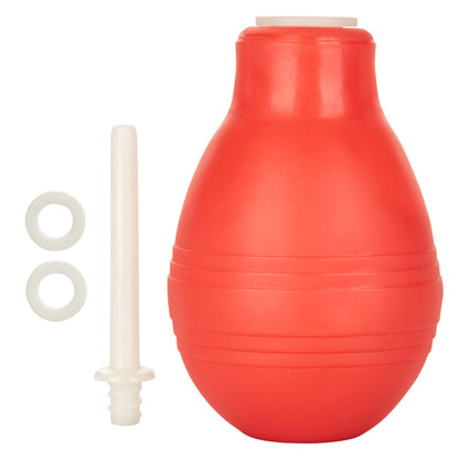 Everything about the Anal Douche disassembled. There's the rubber bulb, plastic tip, and two gaskets. | Kinkly Shop