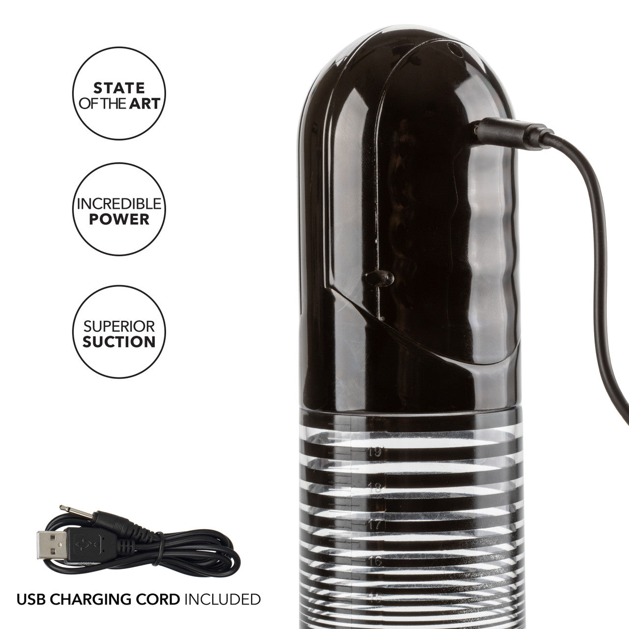 The Optimum Series Advanced Auto Smart Pump is plugged into the charger. Text on the image reads: "State of the art. Incredible power. Superior suction. USB charging cord included." | Kinkly Shop