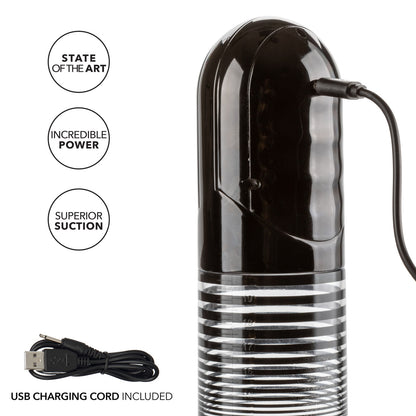 The Optimum Series Advanced Auto Smart Pump is plugged into the charger. Text on the image reads: "State of the art. Incredible power. Superior suction. USB charging cord included." | Kinkly Shop