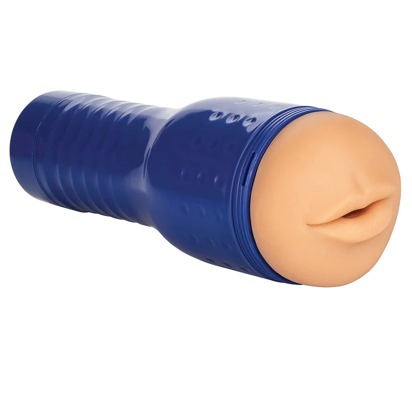 The Private Tube - Shona River in front of a plain white background. It has a hard blue case with a soft, realistic-looking set of lips for the entrance. | Kinkly Shop