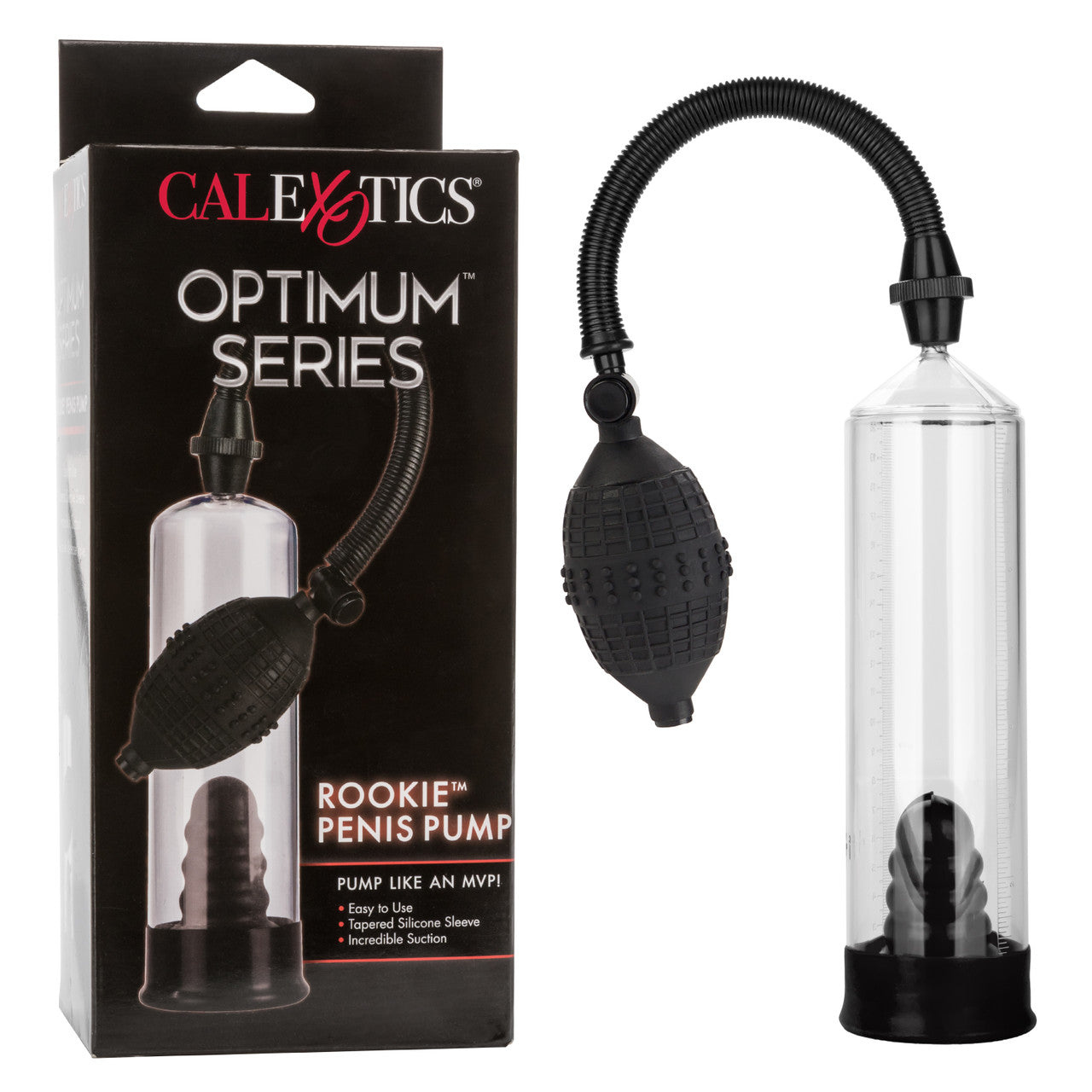 The Rookie Penis Pump shown next to the packaging that goes with it. | Kinkly Shop