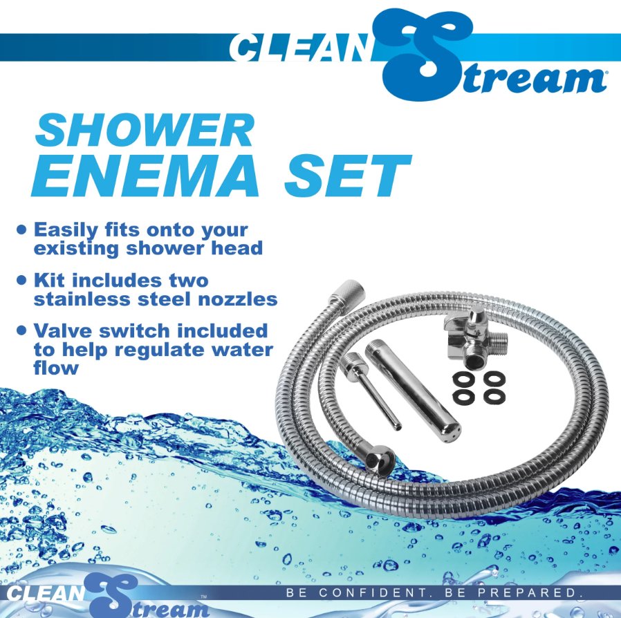 Picture of the CleanStream Beginner Shower Enema Set next to a list of text features. Text reads: "Shower enema set. Easily fits onto your existing shower head. Kit includes two stainless steel nozzles. Valve switch included to help regulate water flow." | Kinkly Shop