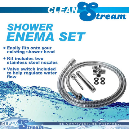 Picture of the CleanStream Beginner Shower Enema Set next to a list of text features. Text reads: "Shower enema set. Easily fits onto your existing shower head. Kit includes two stainless steel nozzles. Valve switch included to help regulate water flow." | Kinkly Shop