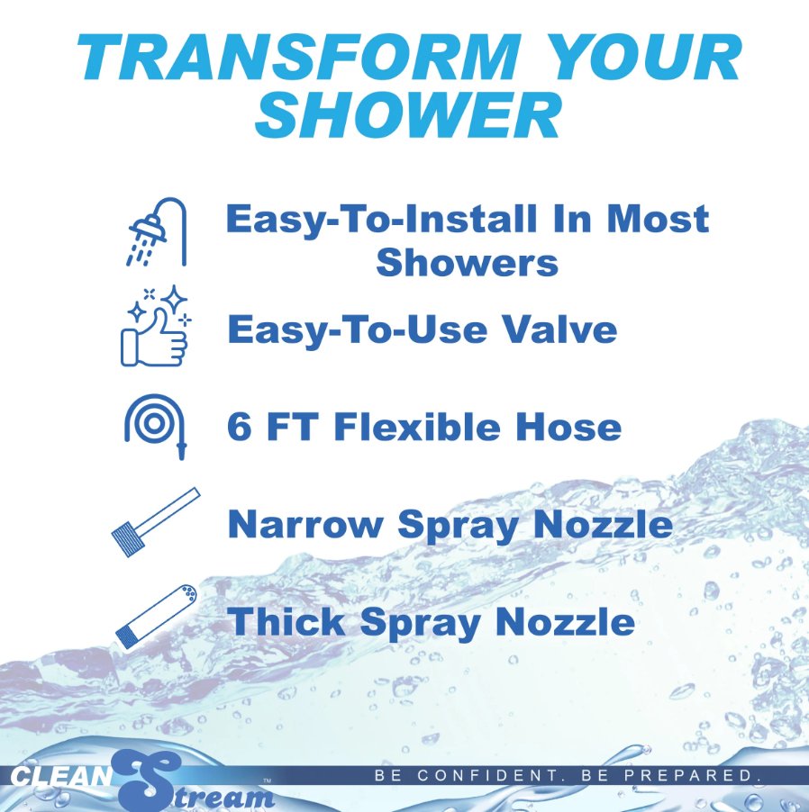 Text image displays features including: "Transform your shower. Easy-to-install in most showers. Easy-to-use valve. 6 foot flexible hose. Narrow spray nozzle. Thick spray nozzle." | Kinkly Shop