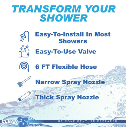 Text image displays features including: "Transform your shower. Easy-to-install in most showers. Easy-to-use valve. 6 foot flexible hose. Narrow spray nozzle. Thick spray nozzle." | Kinkly Shop