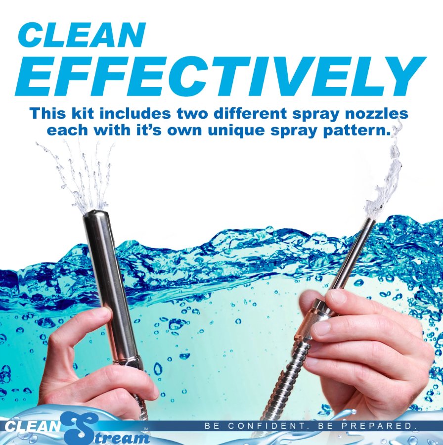 Two hands hold the two different CleanStream Beginner Shower Enema Set nozzles. Each is turned on and showcasing the unique water flow that it provides. Text reads: "Clean effectively. This kit includes two different spray nozzles each with its own unique spray pattern." | Kinkly shop