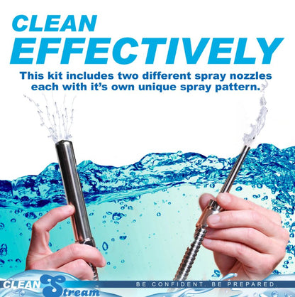 Two hands hold the two different CleanStream Beginner Shower Enema Set nozzles. Each is turned on and showcasing the unique water flow that it provides. Text reads: "Clean effectively. This kit includes two different spray nozzles each with its own unique spray pattern." | Kinkly shop