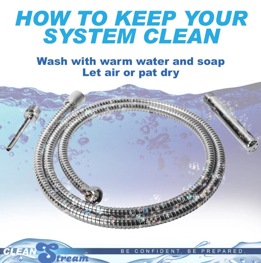 The CleanStream Beginner Shower Enema Set shown under photoshopped water. Text on the image reads: "How to keep your system clean. Wash with warm water and soap. Let air or pay dry." | Kinkly Shop