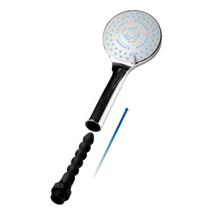 The CleanStream Discreet Shower Head with Silicone Enema Nozzle shower head is being gently pulled off the enema tip to showcase how the shower head covers the enema tip. | Kinkly Shop