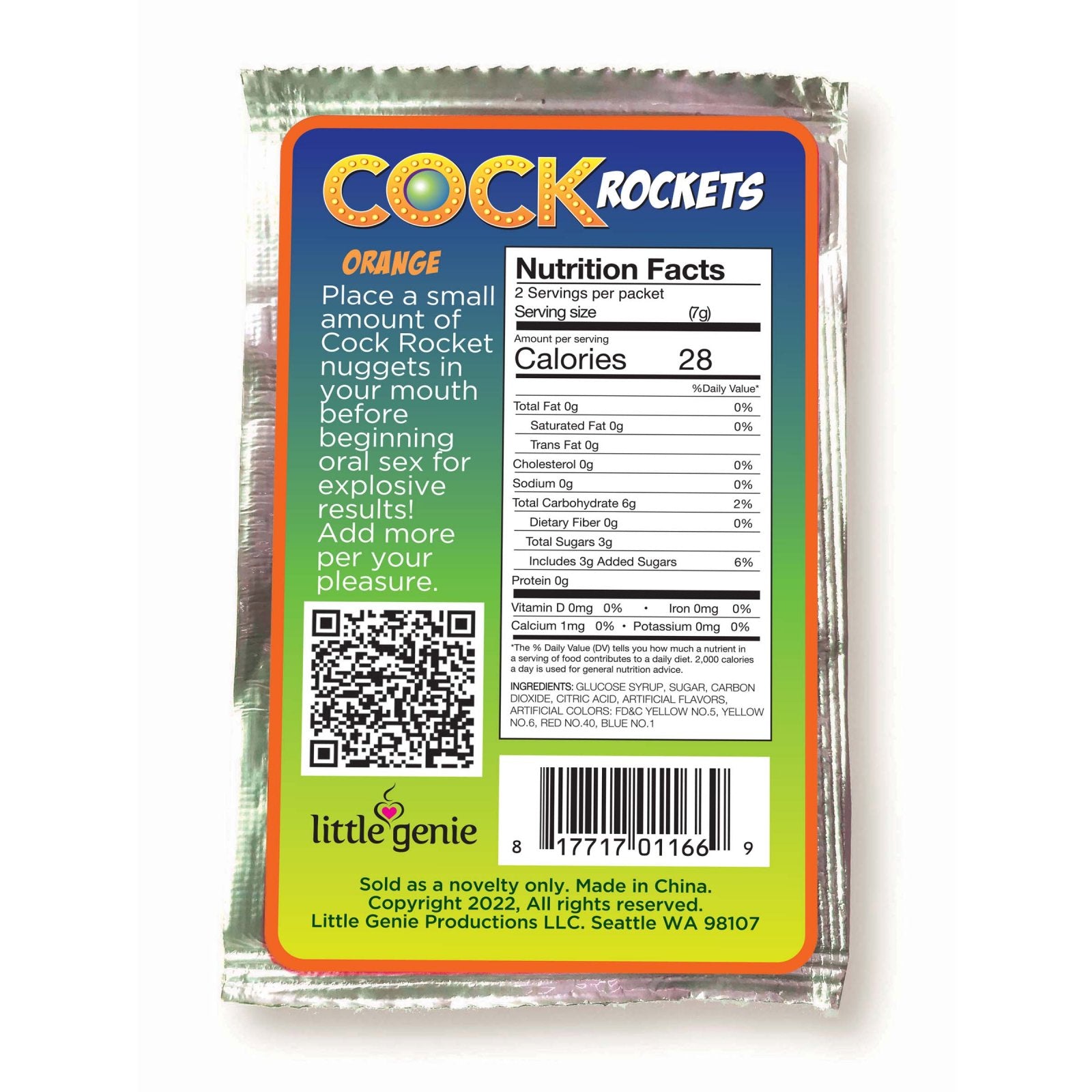 Backside of the Cock Rockets Oral Sex Candy Pop showcasing the nutrition facts and the instructions. | Kinkly Shop