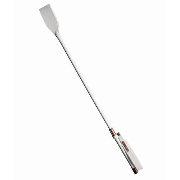 Coquette White and Rose Gold Riding Crop up against a white background. The majority of the crop is white in color from the handle to the stem to the tip. There are rose gold metal accents near the handle. | Kinkly Shop