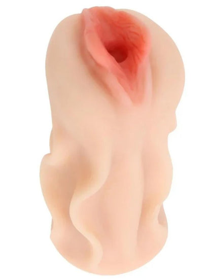 View from the side of the Elsa Jean Pussy stroker. There's rippling textures along the outside that help make it easier to hold. | Kinkly Shop