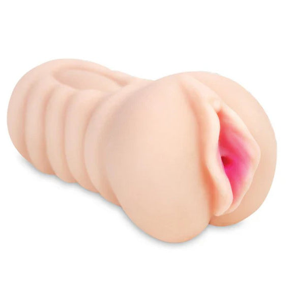 The Jada Stevens Pussy stroker in front of a plain white background. There's ribbing along the exterior of the stroker to make it easier to hold. | Kinkly Shop