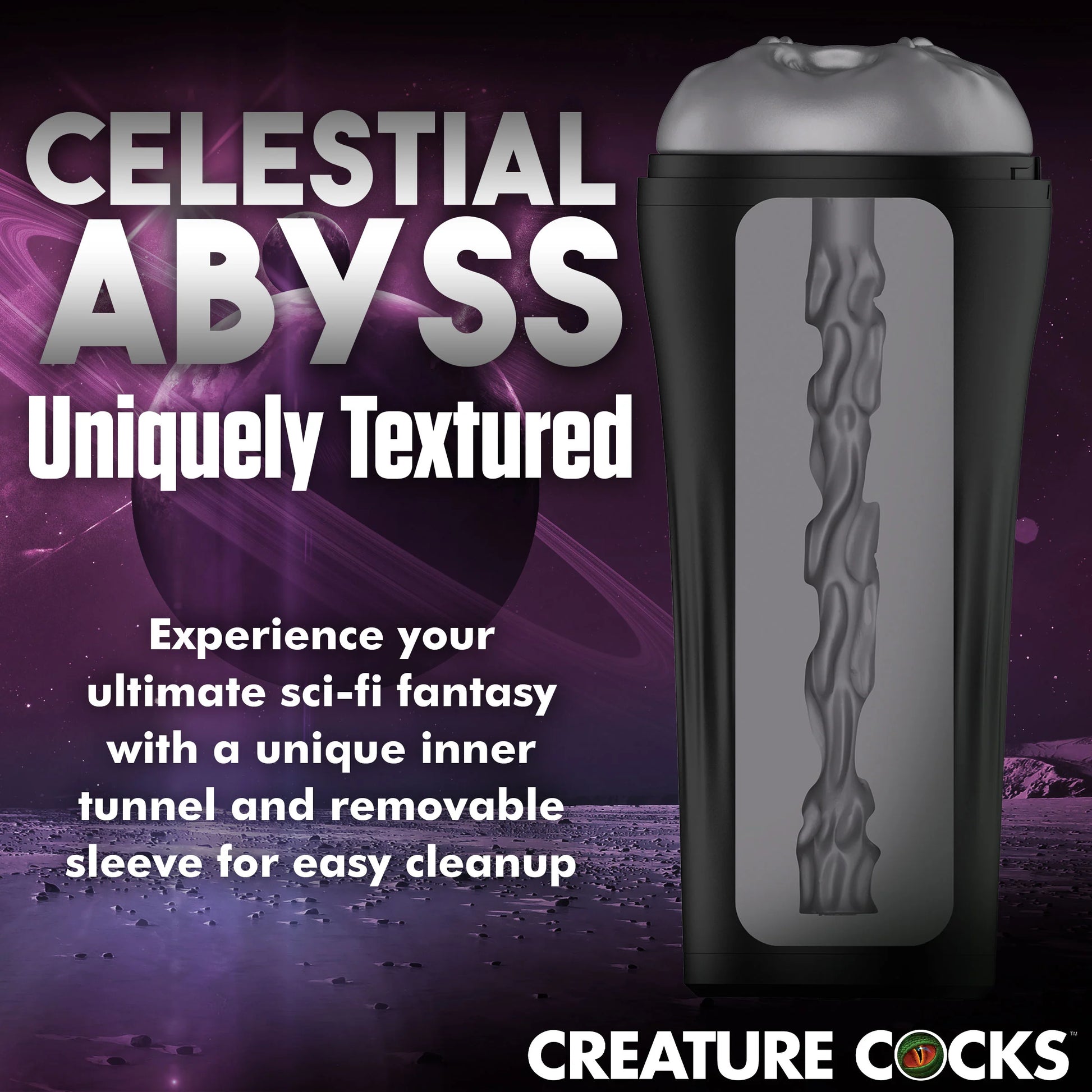 Cross-section of the Creature Cocks Predator Stroker showcases the internal texture which is filled with long ribbed lines. Text reads: Experience your ultimate sci-fi fantasy with a unique inner tunnel and removable sleeve for easy cleanup. | Kinkly Shop