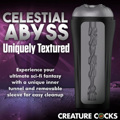 Cross-section of the Creature Cocks Predator Stroker showcases the internal texture which is filled with long ribbed lines. Text reads: Experience your ultimate sci-fi fantasy with a unique inner tunnel and removable sleeve for easy cleanup. | Kinkly Shop