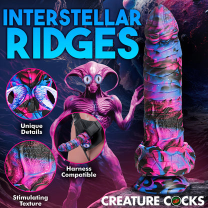 Collage of images showcasing the features of the Creature Cocks Alienoid including the unique eyes at the base, the stimulating texture, and its harness compatibility | Kinkly Shop