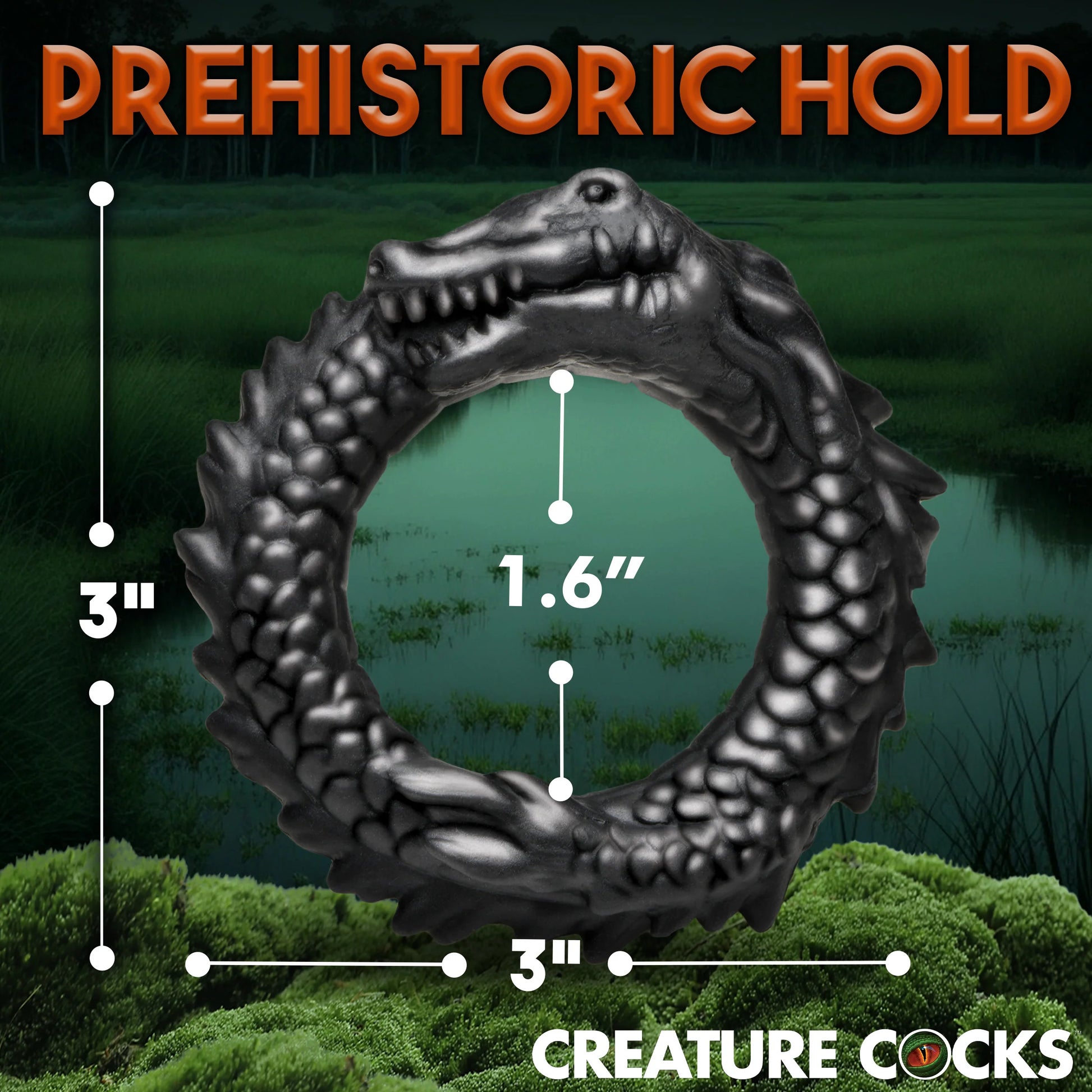 The Creature Cocks Caiman shown with measurements superimposed overtop of the shape of the cock ring. All measurements are found within the text product description. | Kinkly Shop