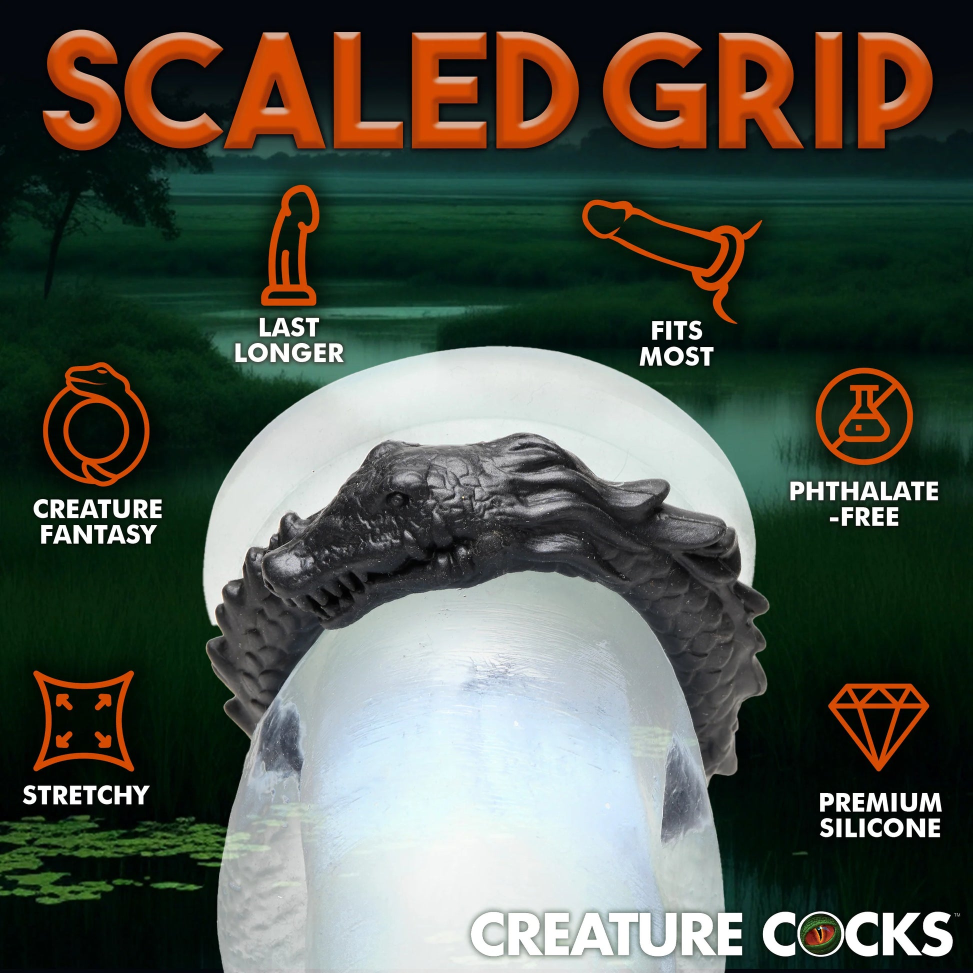 The Creature Cocks Caiman shown wrapped around a clear realistic dildo. Icons and text surround the ring. Text reads: Last longer, creature fantasy, stretchy, fits most, phthalate-free, and premium silicone. | Kinkly Shop