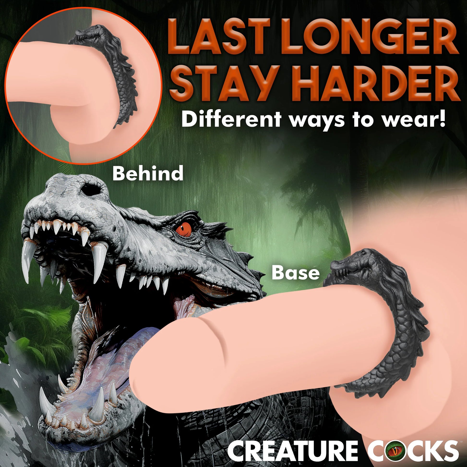 The Creature Cocks Caiman shown wrapped around two different illustrated penises. In one, the cock ring is worn only around the base of the shaft and in the other, the cock ring is worn underneath the testicles and shaft, flush with the body. | Kinkly Shop