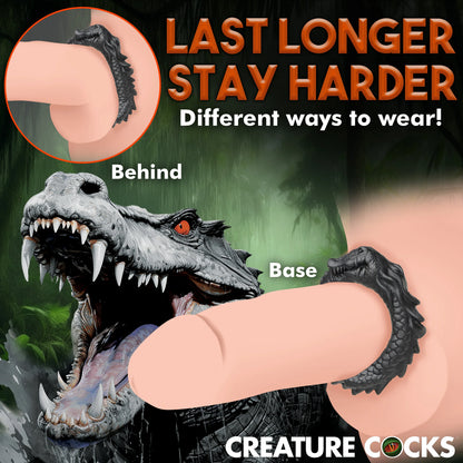 The Creature Cocks Caiman shown wrapped around two different illustrated penises. In one, the cock ring is worn only around the base of the shaft and in the other, the cock ring is worn underneath the testicles and shaft, flush with the body. | Kinkly Shop