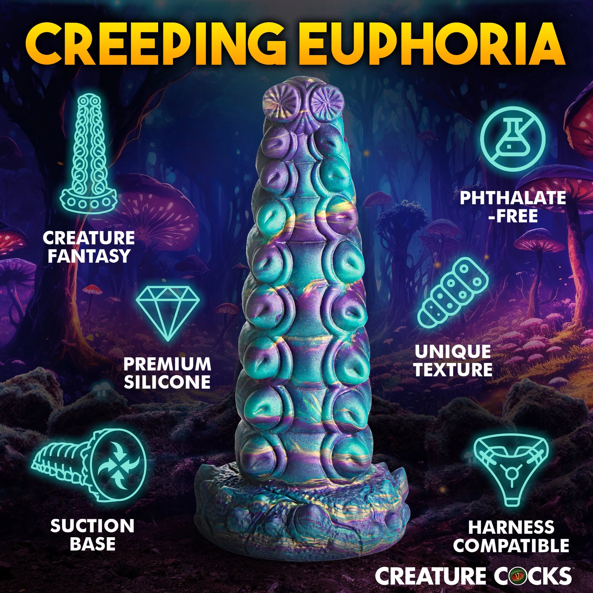 The Creature Cocks Chrysalis shown next to icons and text that describes a list of features. Text includes "creature fantasy. premium silicone. suction base. unique texture. phthalate-free. harness compatible" | Kinkly Shop