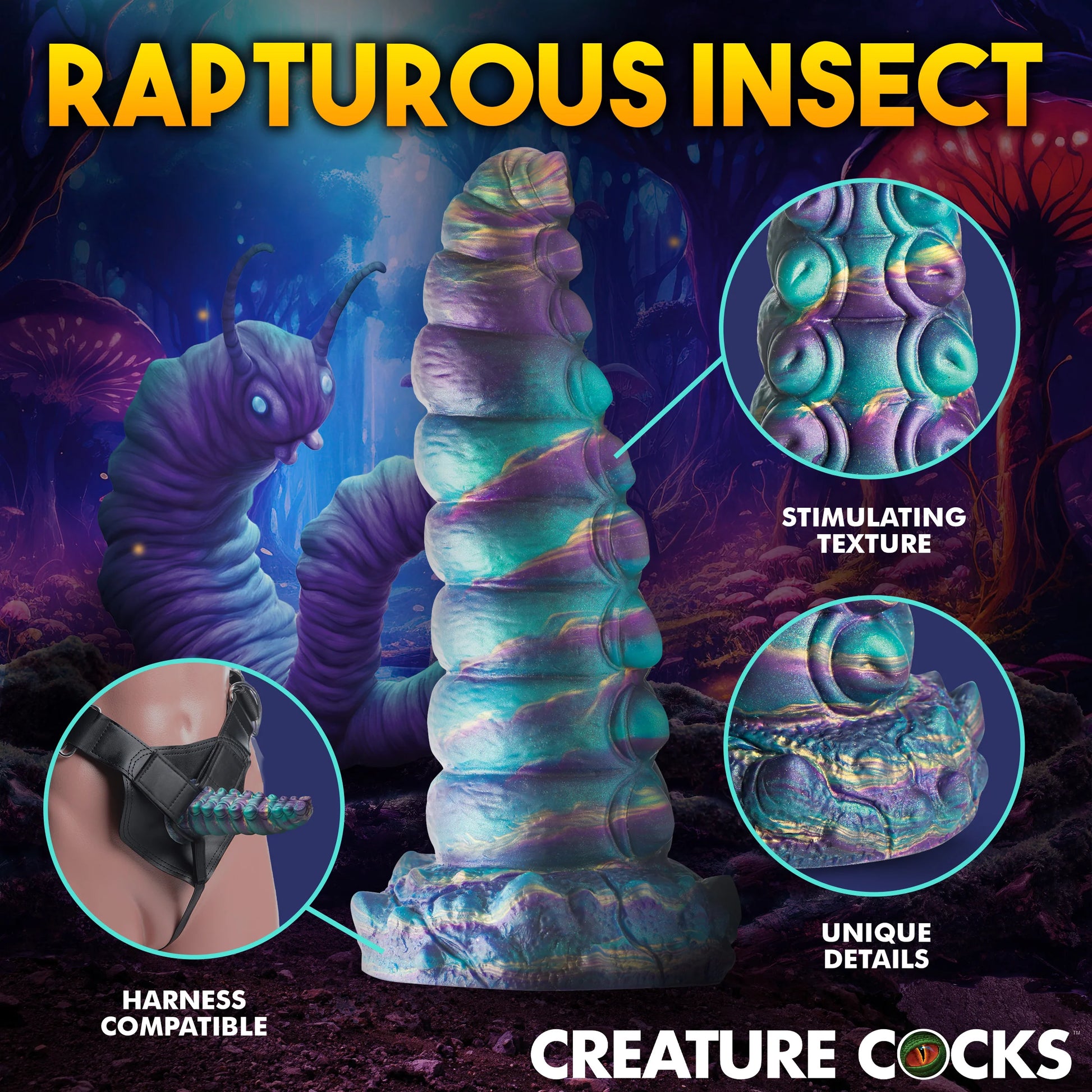 Collage of features of the Creature Cocks Chrysalis. Text reads: "Stimulating texture, unique details, harness compatible" | Kinkly Shop