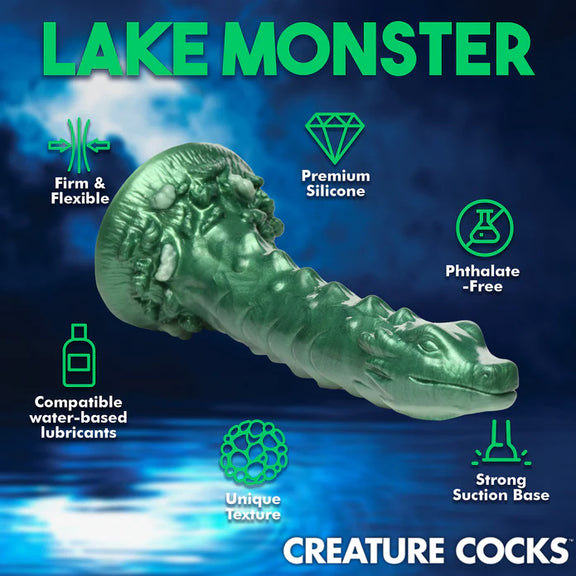 Creature Cocks Cockness Monster shown with a list of text and icons surrounding it. Text reads: Premium silicone, Firm and flexible, Phthalate-free, Compatible water-based lubricants, Unique texture, Strong suction base. | Kinkly Shop