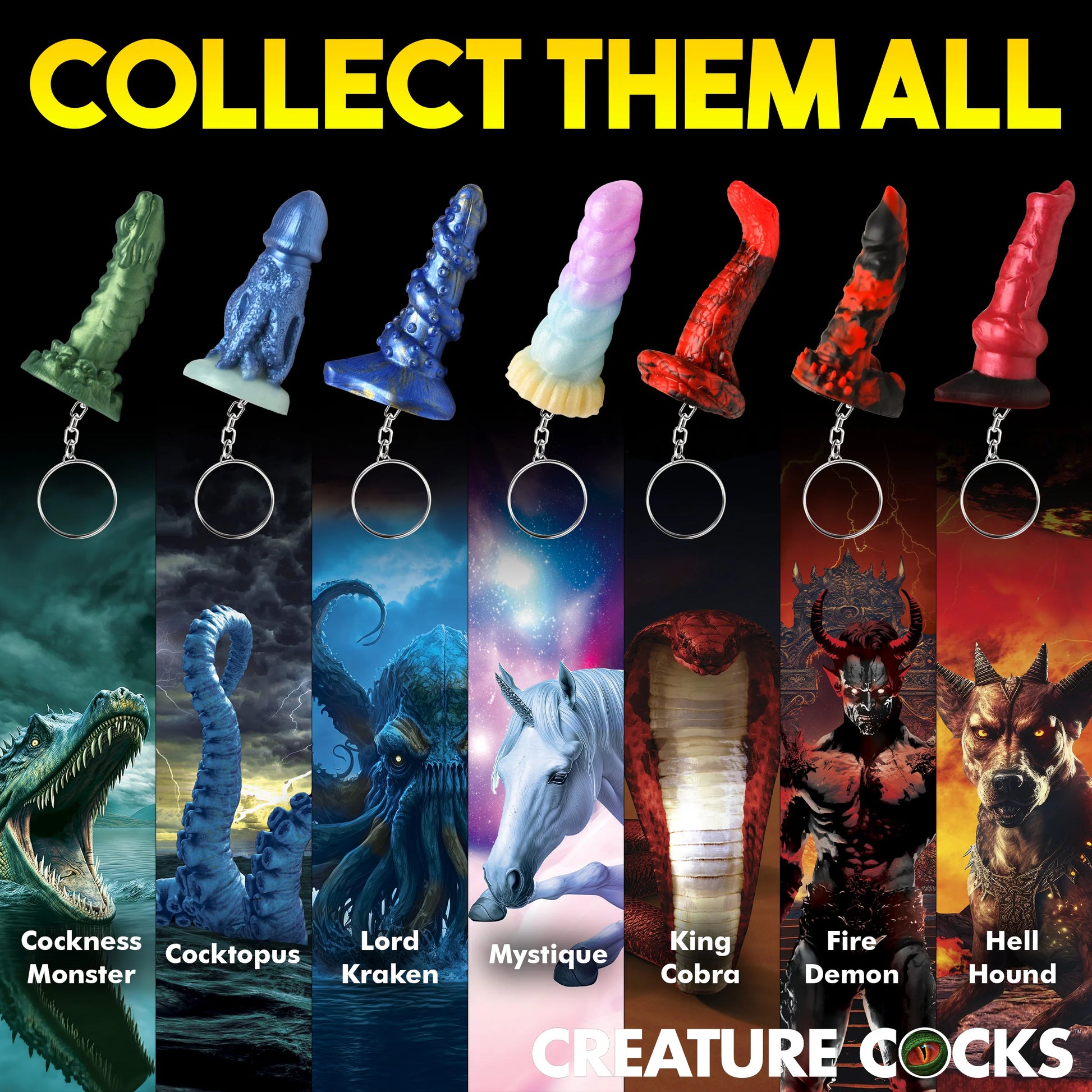 Collage shows all of the different tiny dildo keychains that XR brands makes for the Creature Cocks line. It says to collect them all. | Kinkly Shop