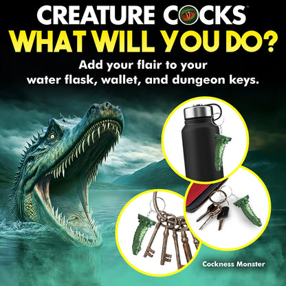 Collage shows the Creature Cocks Cockness Monster Key Chain attached to keychains, water bottles, and pencil pouches. Text reads "What will you do? Add flair to your water flask, wallet, and dungeon keys". The dildo is slightly longer than an average household key. | Kinkly Shop