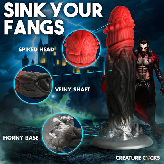 Collage of images showcasing the features of the Creature Cocks Count Cockula including the spiked head, veiny shaft, and horny base | Kinkly Shop