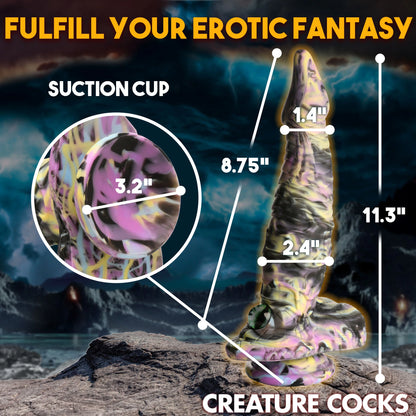 The Creature Cocks Cyclops shown with measurements superimposed over every side of the dildo. All measurements can be found within the text description. | Kinkly Shop