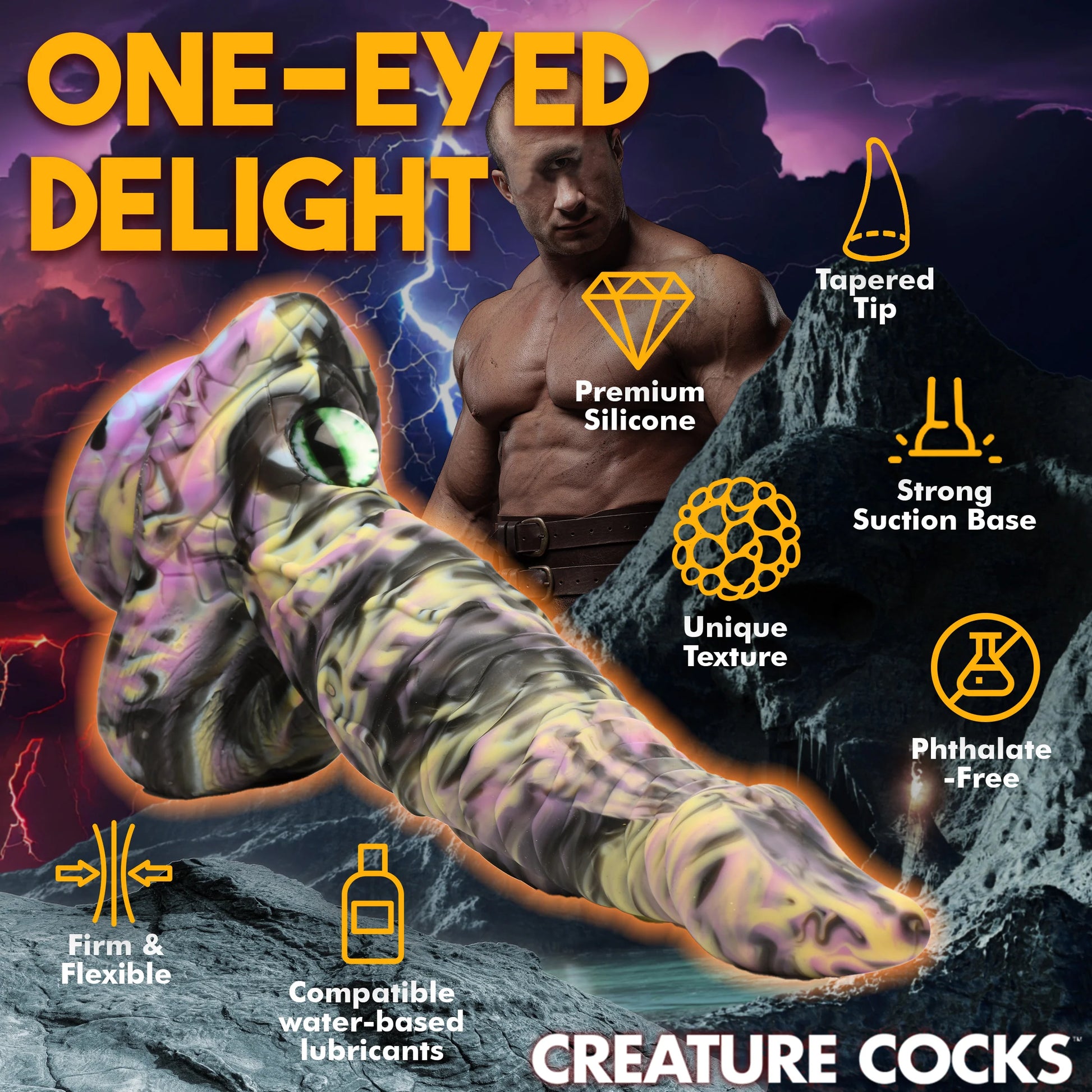 The Creature Cocks Cyclops surrounded by a list of icons and feature text. Text includes: Tapered tip, premium silicone, unique texture, strong suction base, phthalate-free, compatible with water-based lubricants, Firm and flexible | Kinkly Shop